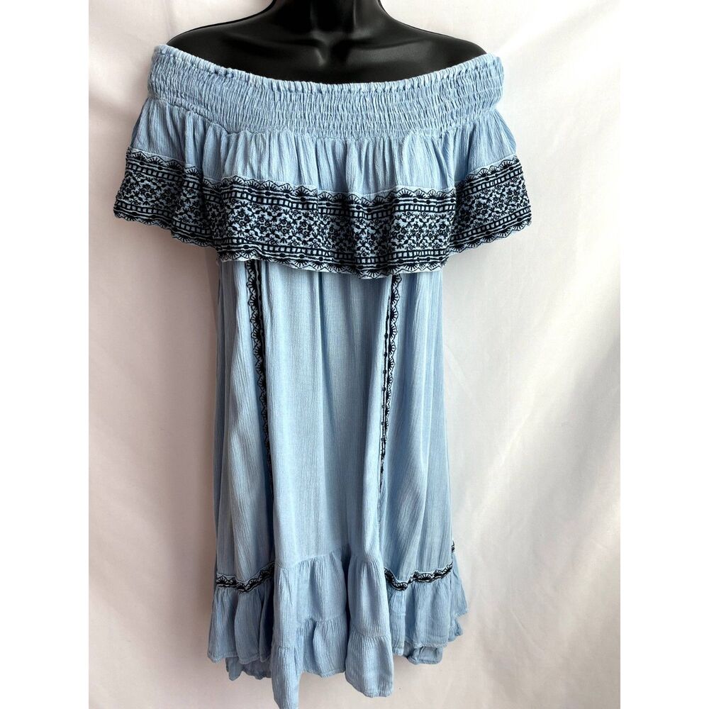 Muche Muchette Off Shoulder Embroidered Blue Dress One Size Ethnic Boho Smocked